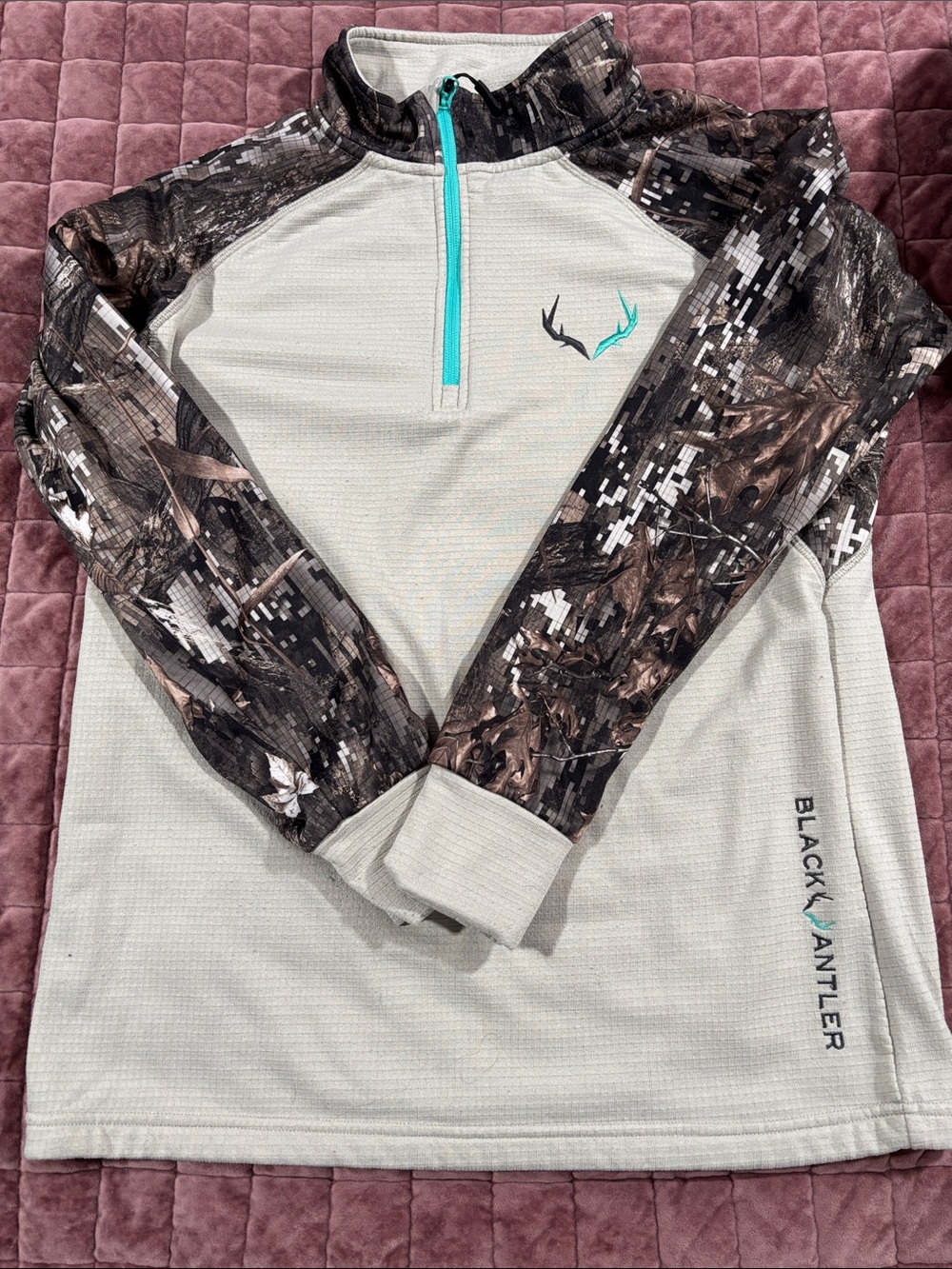Women's Long Sleeve Half-Zip Hunting Pullover - Tan with Camo Sleeves